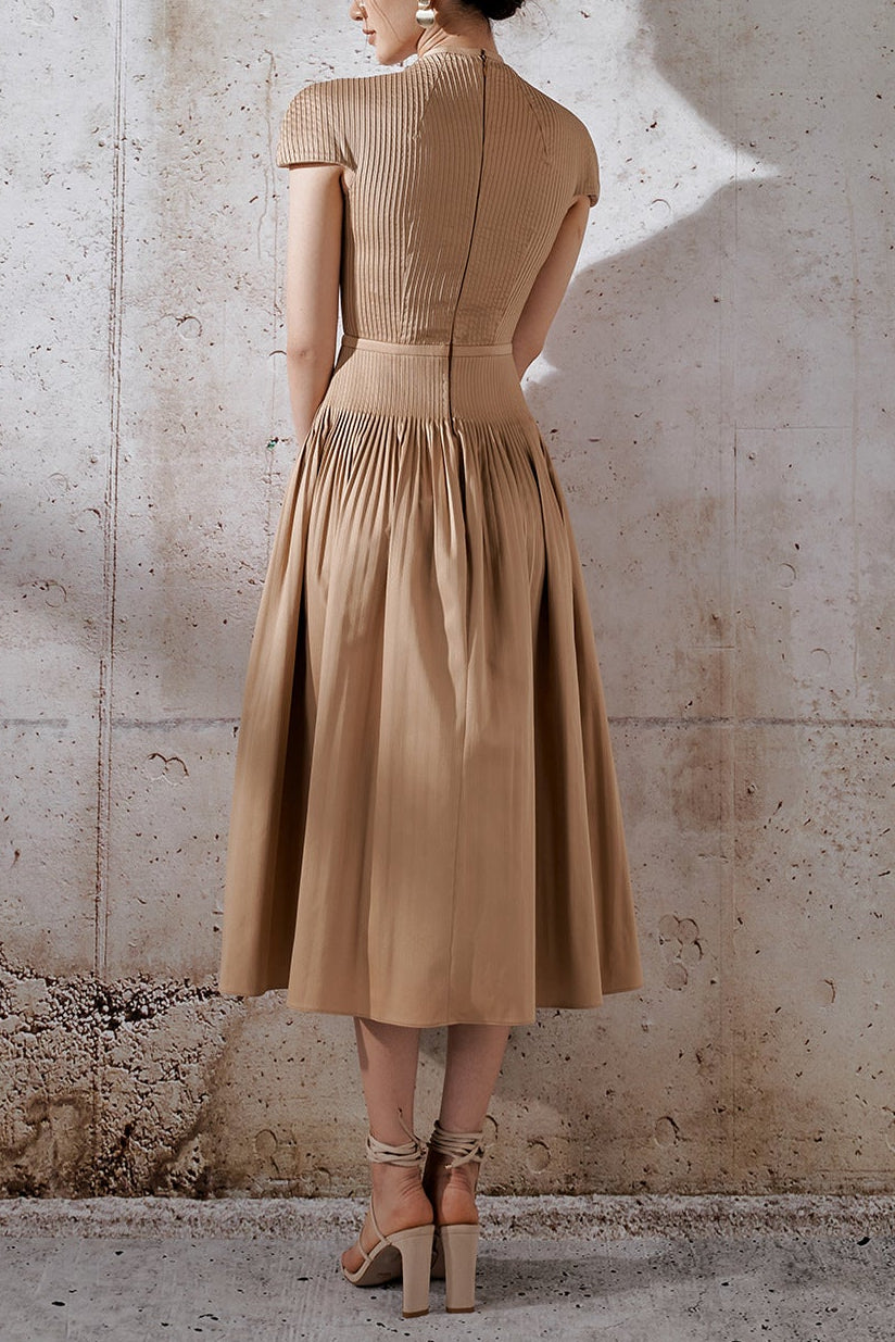 EMILY V-NECK PLEATED MIDI DRESS KHAKI