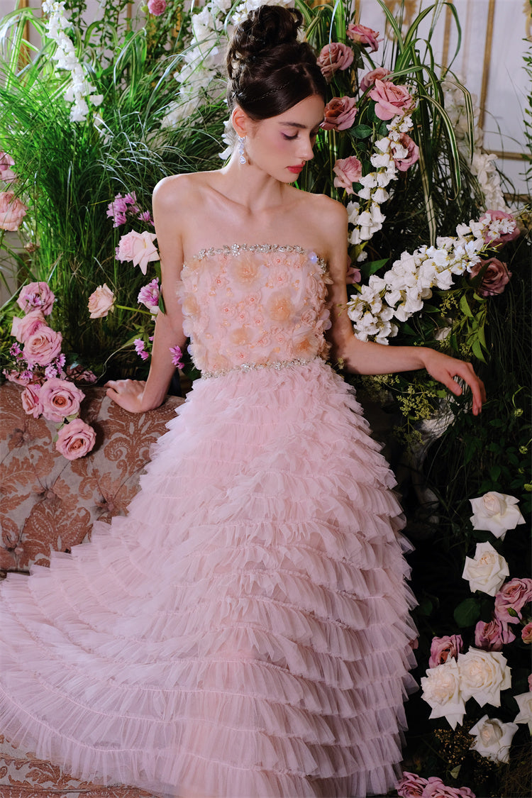 PINK PRINCESS RUFFLE MIDI STRAPLESS FLORAL DRESS