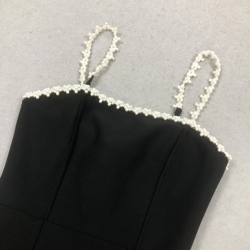 PEARL STRAP MINI DRESS, BLACK COCKTAIL