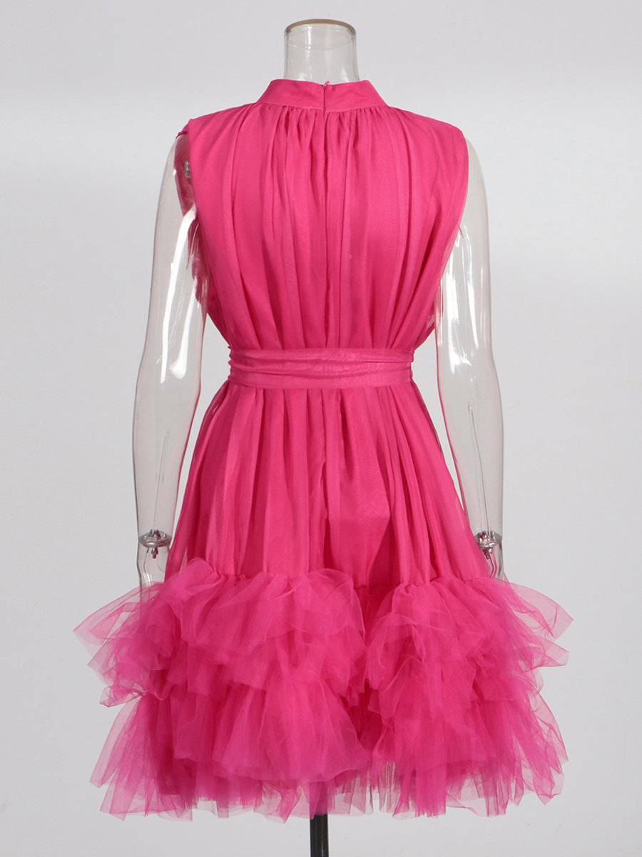 HALF HIGH NECK TULLE MINI DRESS PINK