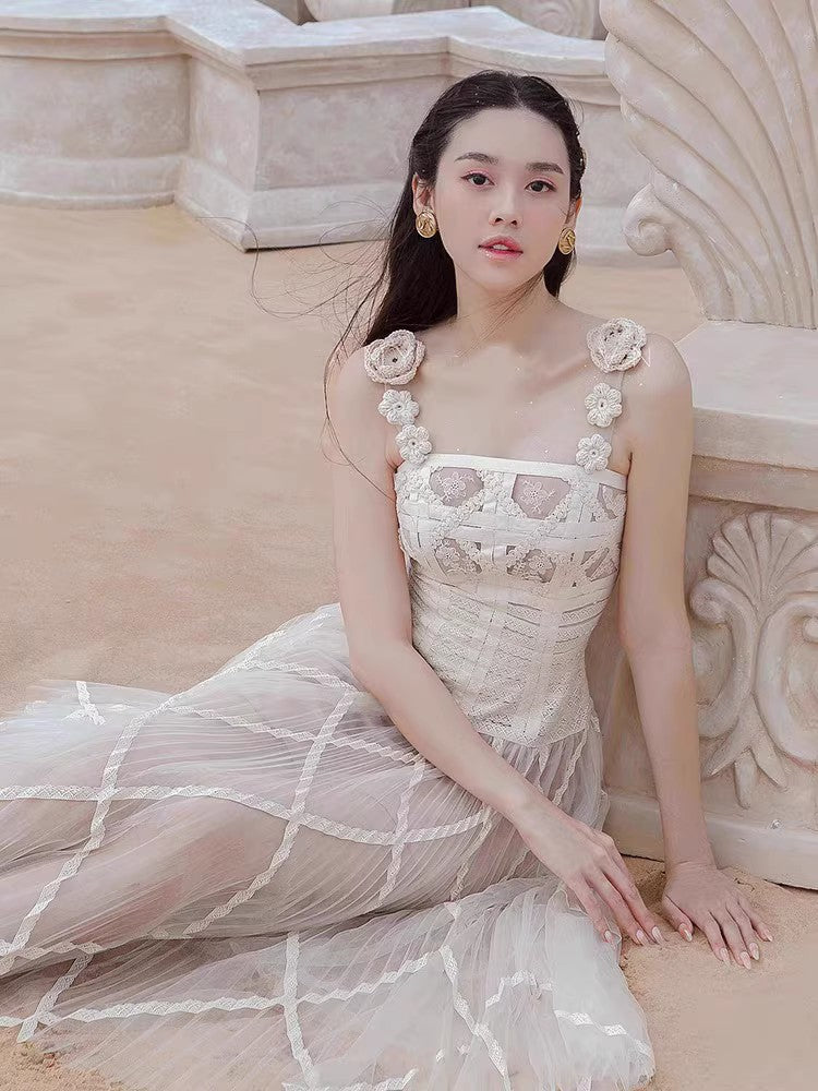 CREAM LACE CORSET MIDI DRESS WITH 3D FLOWER STRAPS