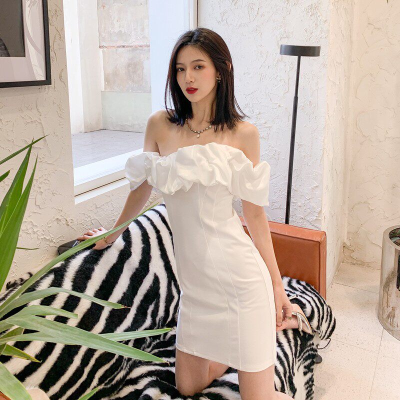 WHITE DOLORES RUFFLED STRAPLESS OFF-SHOULDER MINI DRESS