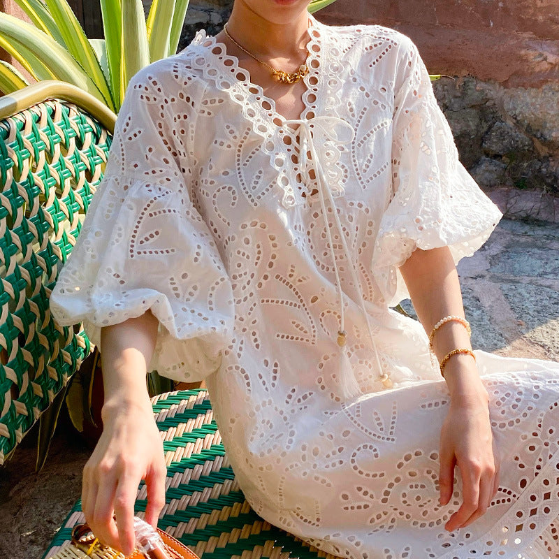 WHITE PUFF SLEEVE MAXI DRESS FOR WEDDING