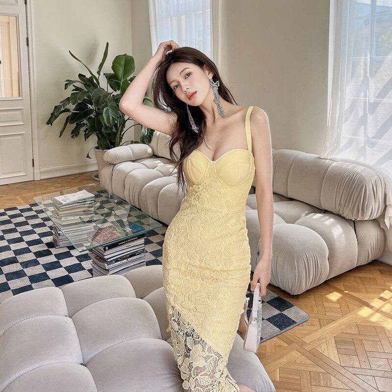 DOLORES YELLOW LACE STRAPPY ASYMMETRICAL MIDI DRESS