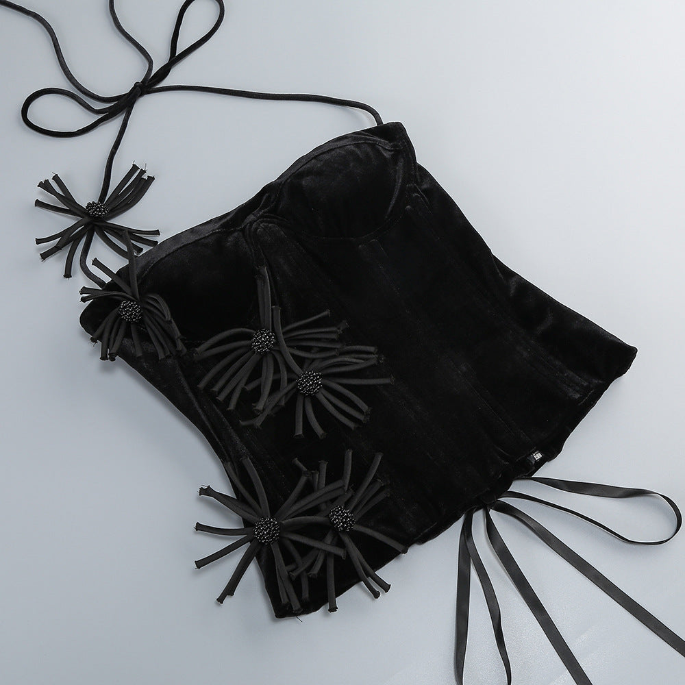 VELVET CORSET FLORAL MINI SKIRT SUIT BLACK