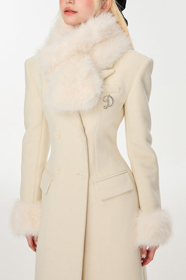 IVORY SLIM FAUX FUR COAT, MIDI WINTER OUTERWEAR