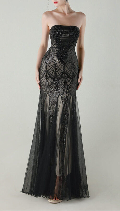 sequin strapless tulle maxi dress