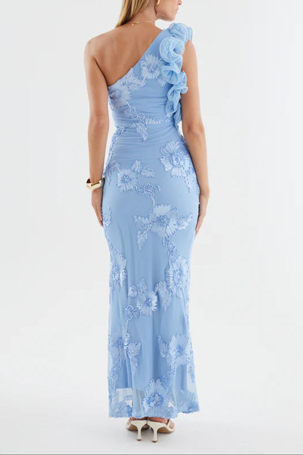 NOVIA ONE-SHOULDER 3D FLOWER BODYCON MAXI DRESS