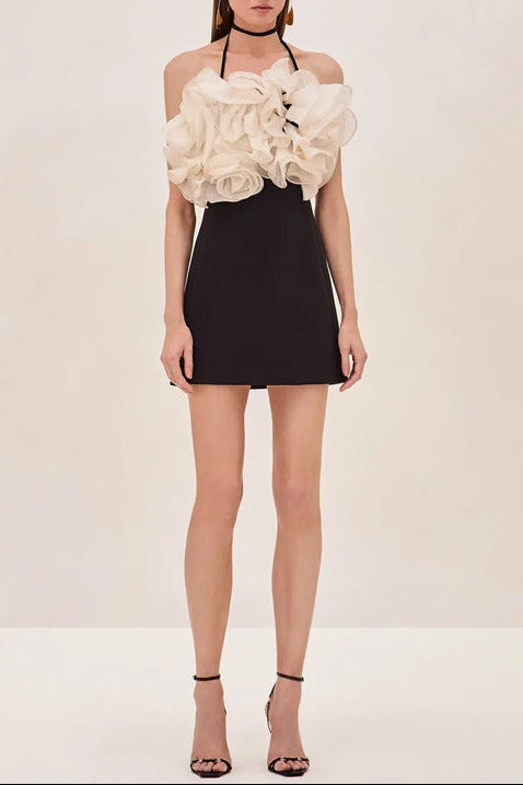 ROSEMARY BACKLESS RUFFLE MINI BLACK DRESS