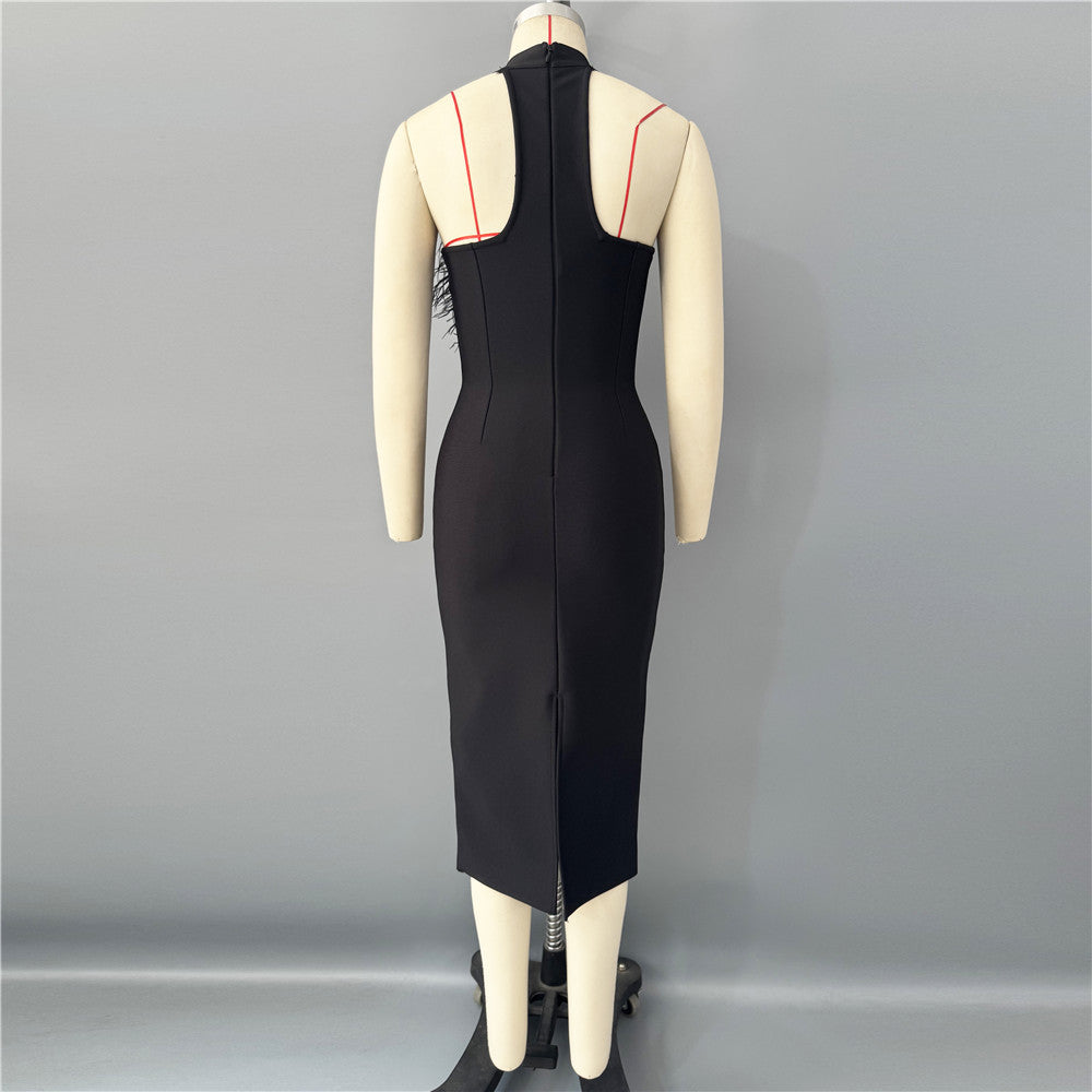 BEATRICE BLACK HALTER MIDI DRESS WITH RHINESTONE FEATHER