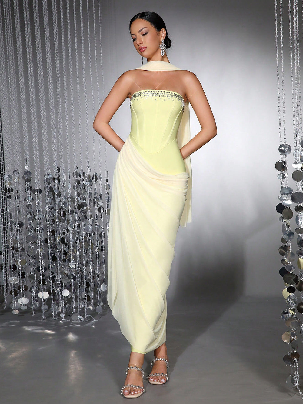RHINESTONE STRAPLESS HERRINGBONE MAXI DRESS YELLOW