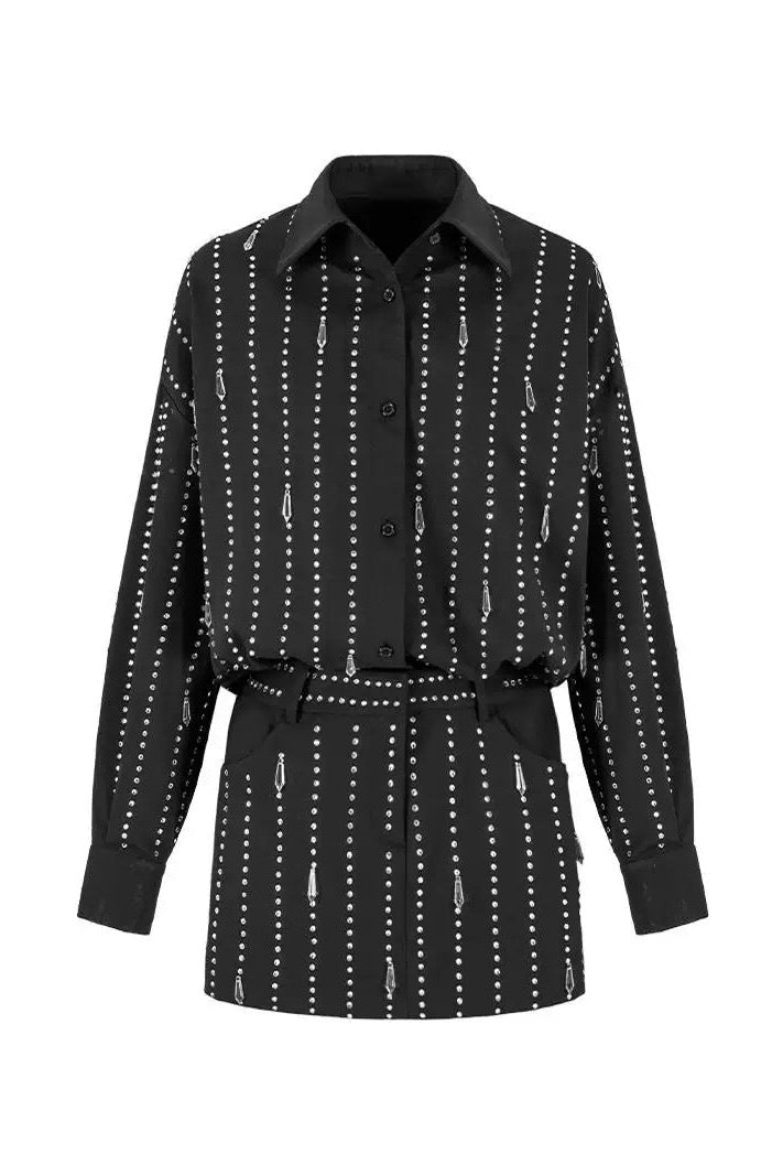 GLAM RHINESTONE COLLAR SHIRT MINI DRESS IN BLACK