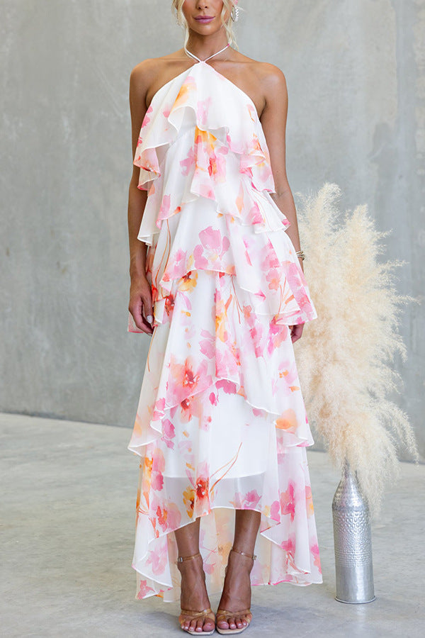 FLORAL RUFFLE HALTER MIDI DRESS - PINK