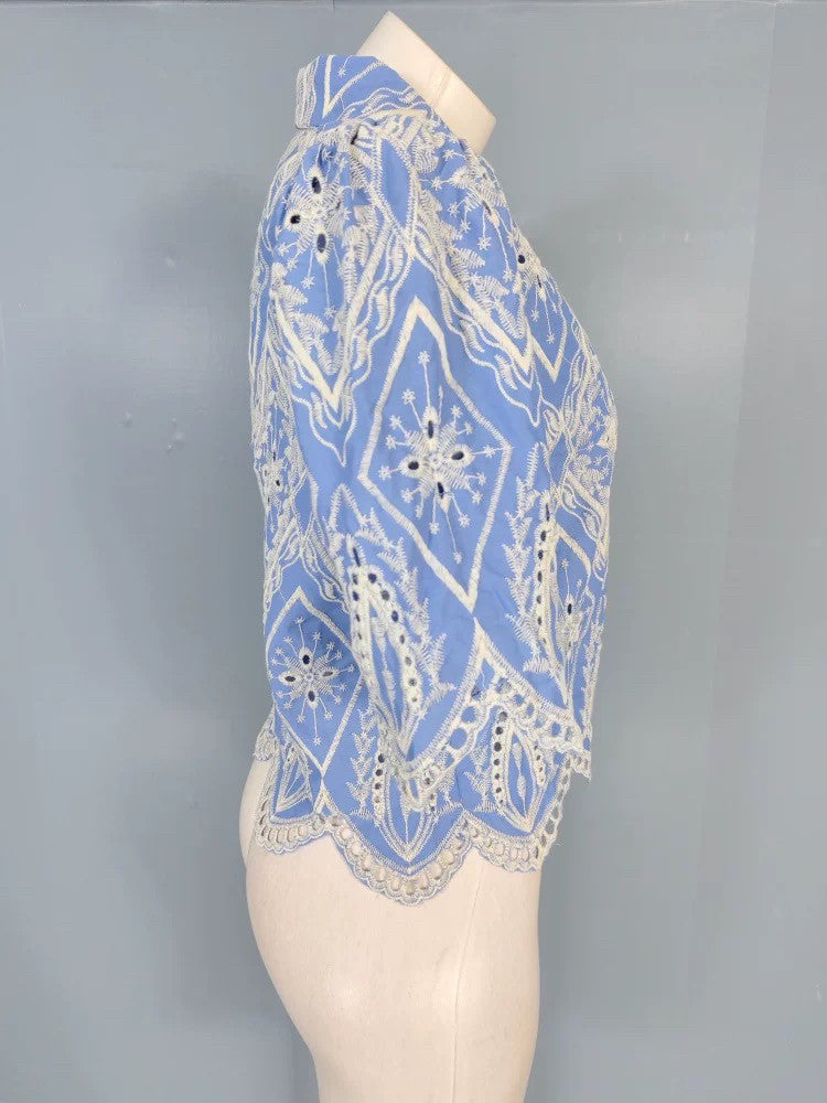BLUE WHITE EMBROIDERED PUFF SLEEVE LACE BLOUSE