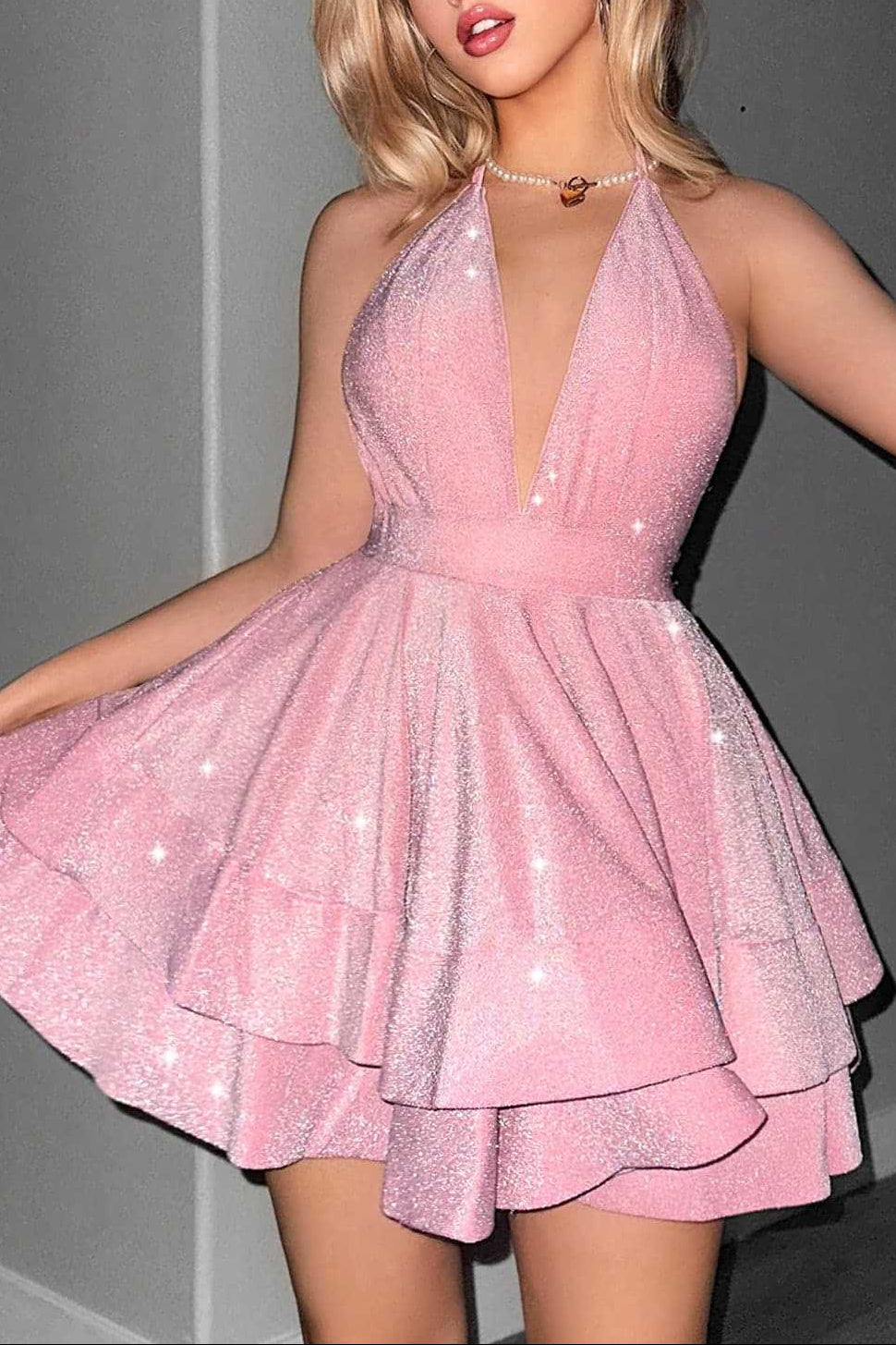 VIRGINIA A-LINE HALTER TIERED MINI DRESS PINK