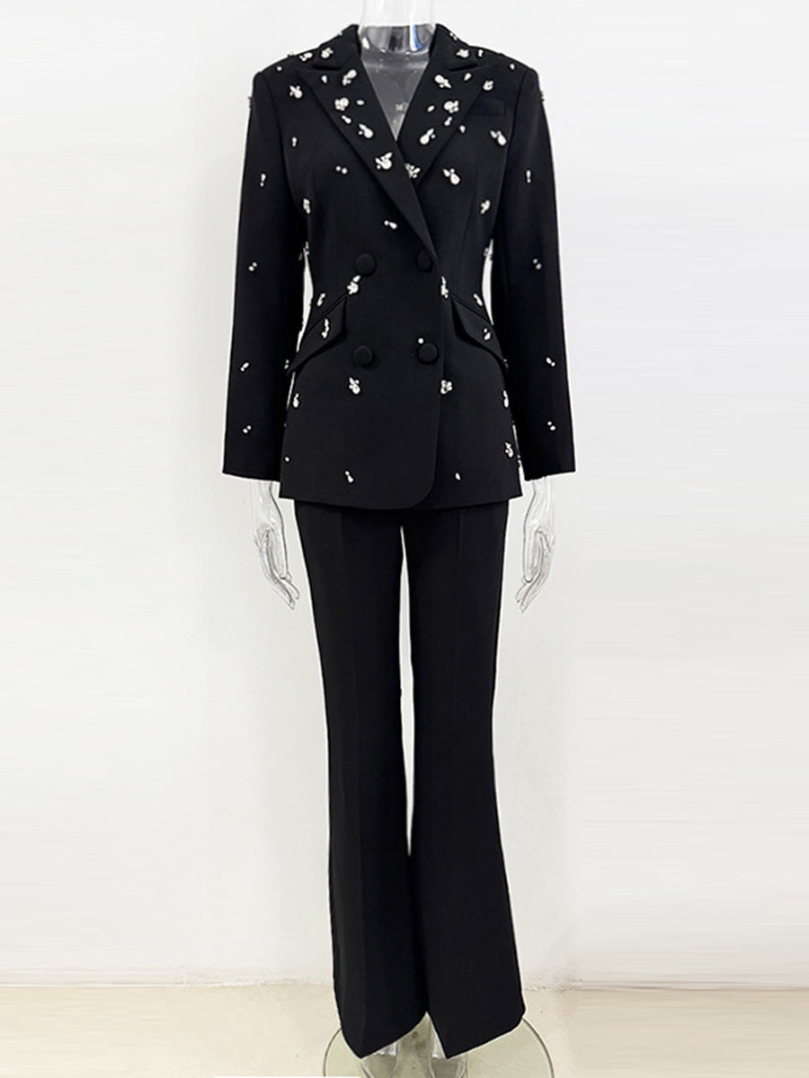 MYRA STRAIGHT FLARED VELVET PANTS SET WITH RHINESTONE BLAZER
