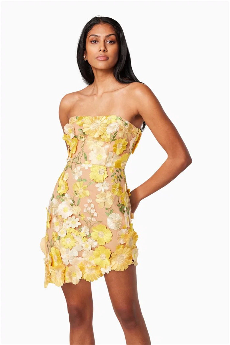 FLORAL STRAPLESS MINI DRESS YELLOW PARTY