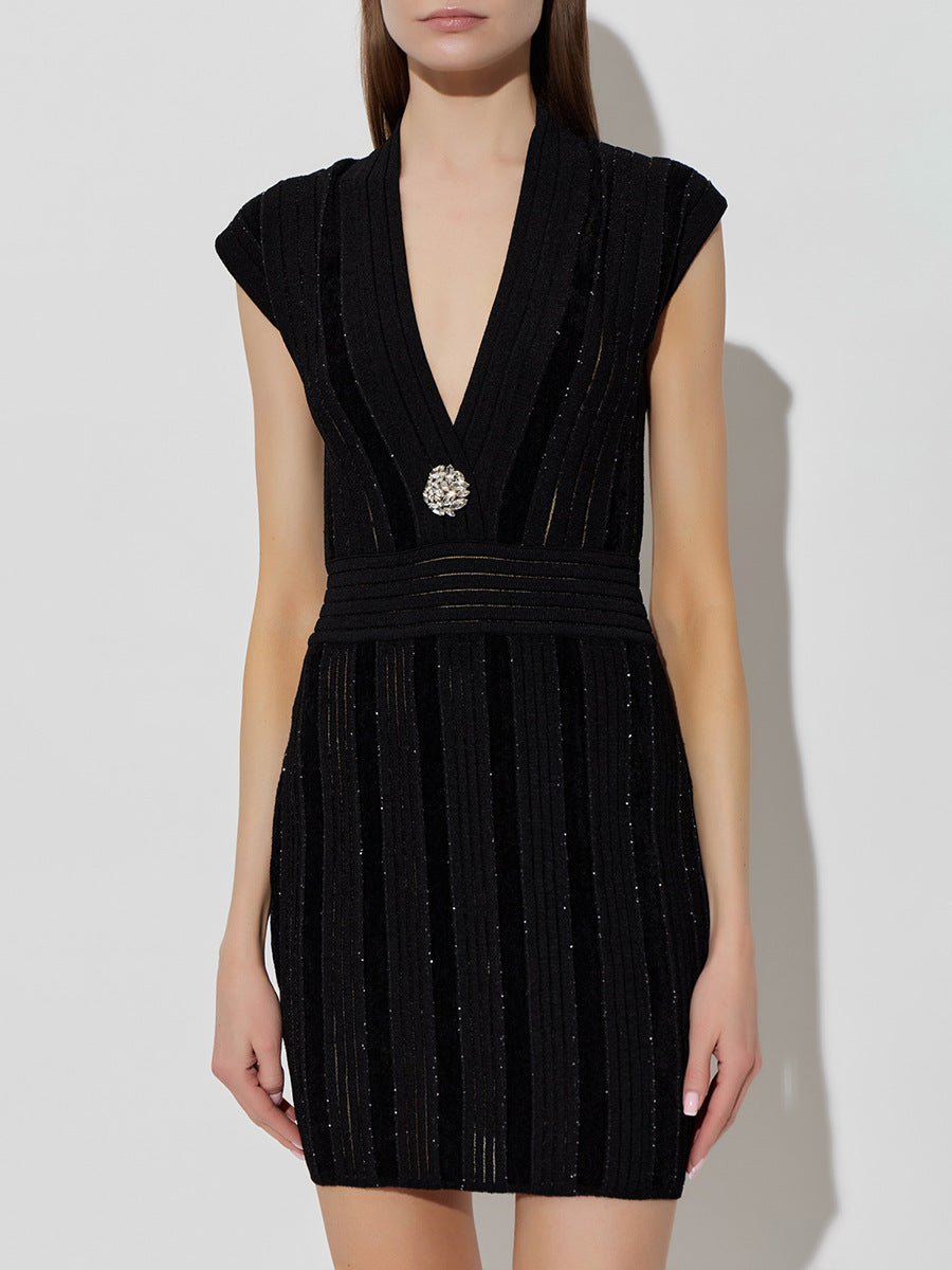 SABRINA BLACK SEQUIN V-NECK MINI DRESS FOR PARTY