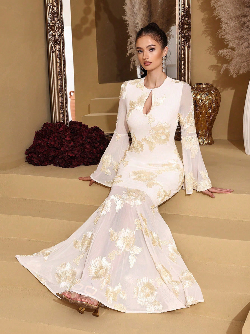 TRUMPET SLEEVE MESH EMBROIDERY BODYCON MAXI DRESS YELLOW