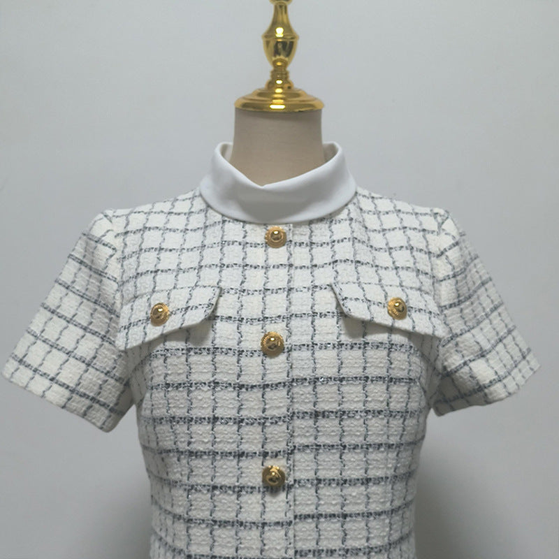 WHITE DECORATIVE BUTTON CHECK MINI DRESS FOR PARTY