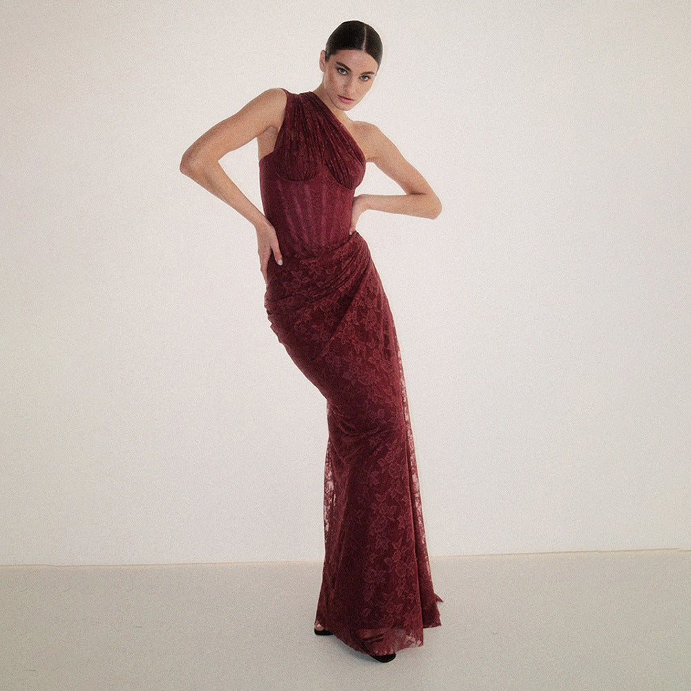 WENDY BURGUNDY LACE ONE-SHOULDER MAXI DRESS FOR EVENTS