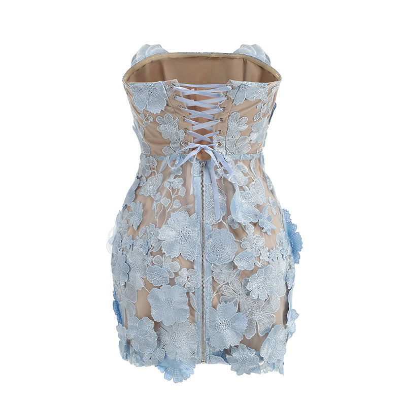 JESSICA BLUE FLORAL EMBROIDERY MINI DRESS