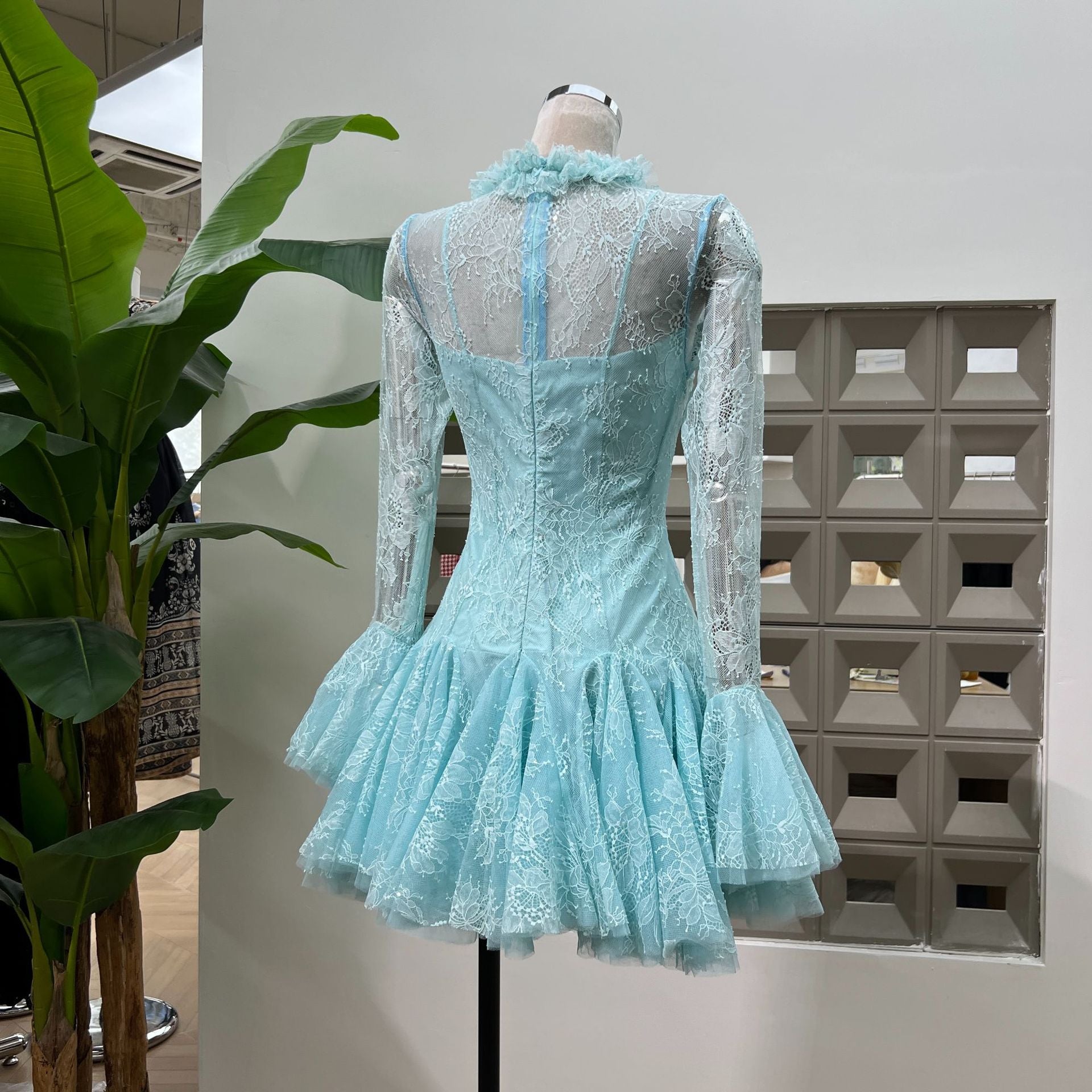 BLUE EMBROIDERED FLARED MINI DRESS FOR PARTY