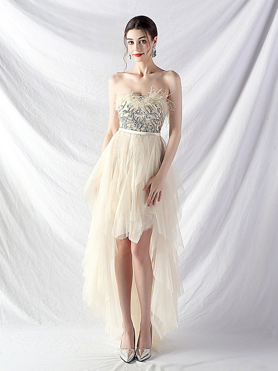 STRAPLESS FEATHER TULLE MIDI DRESS FOR PARTY