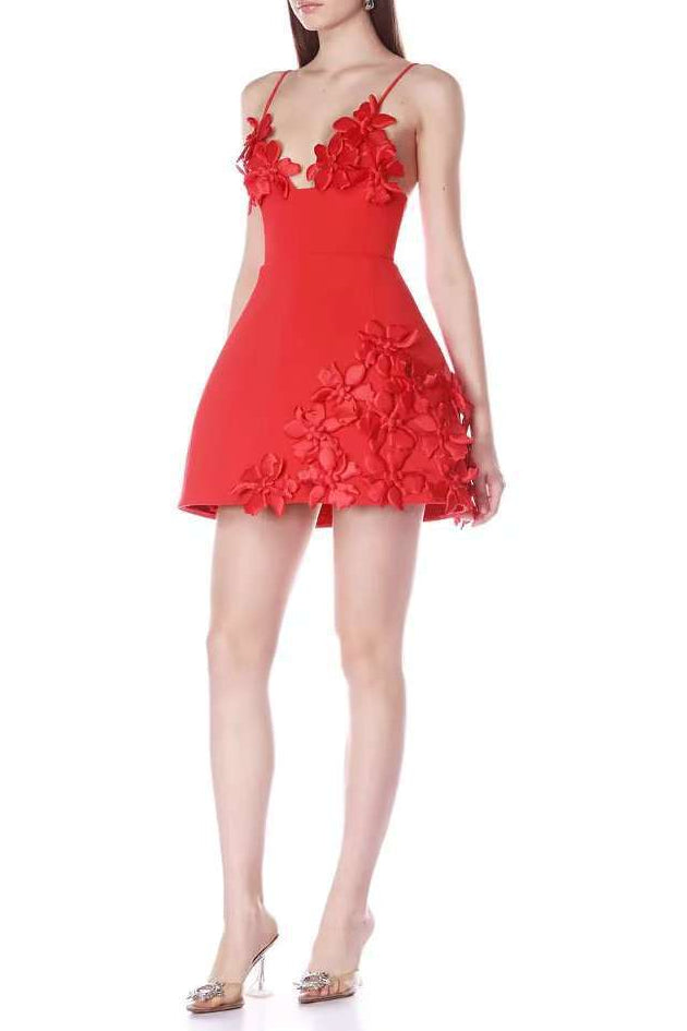LYUBA RED 3D FLOWER A-LINE MINI PARTY DRESS