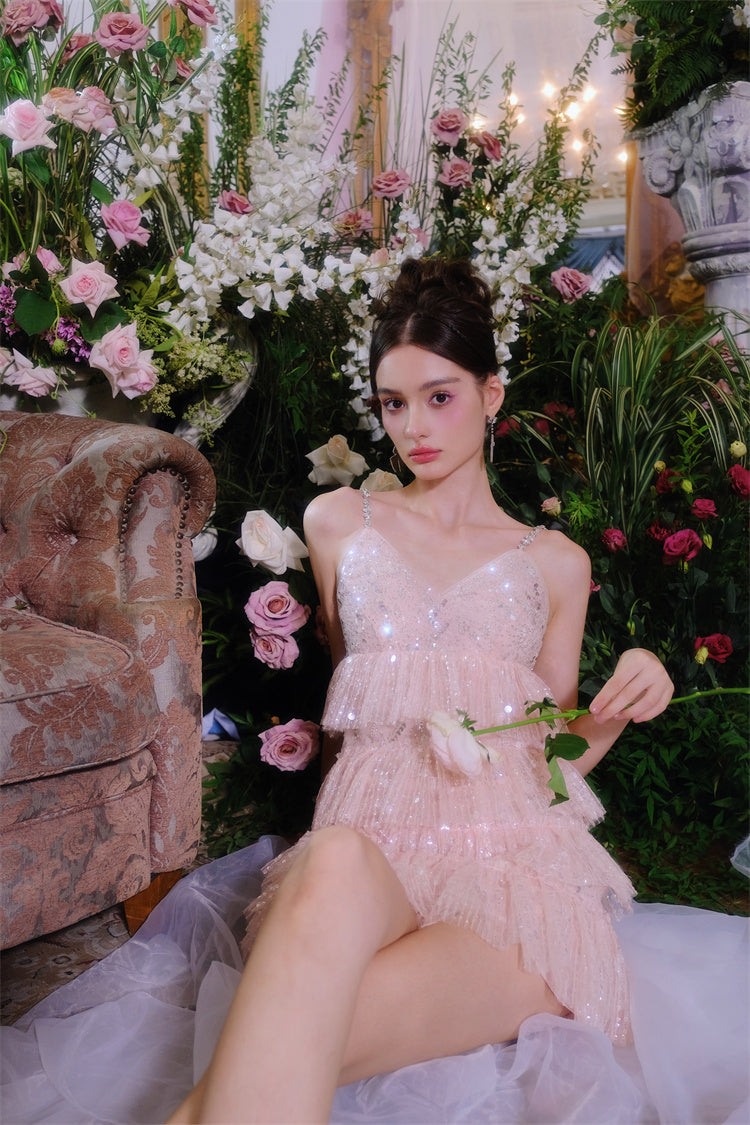 PINK SLEEVELESS SEQUIN RUFFLE SHORT PARTY DRESS