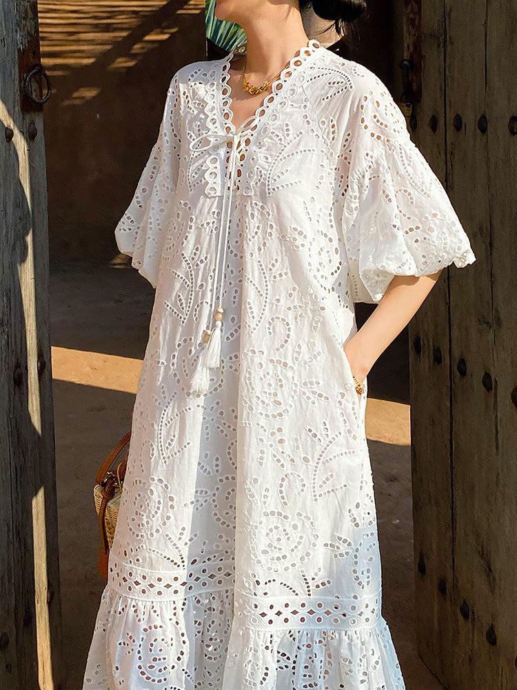 WHITE PUFF SLEEVE MAXI DRESS FOR WEDDING