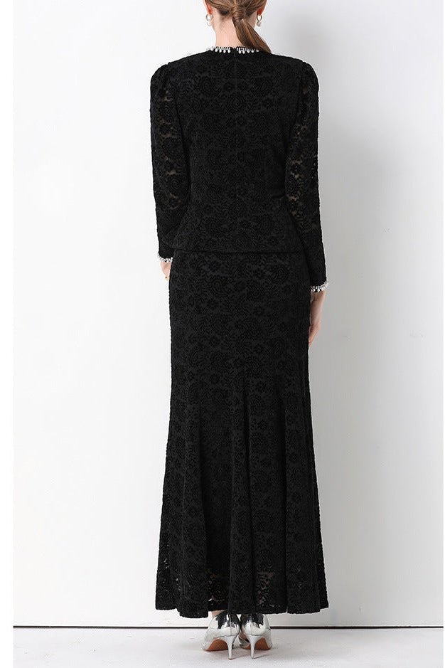 GEORGIA BEADED LACE V-NECK TOP & FISHTAIL SKIRT SET