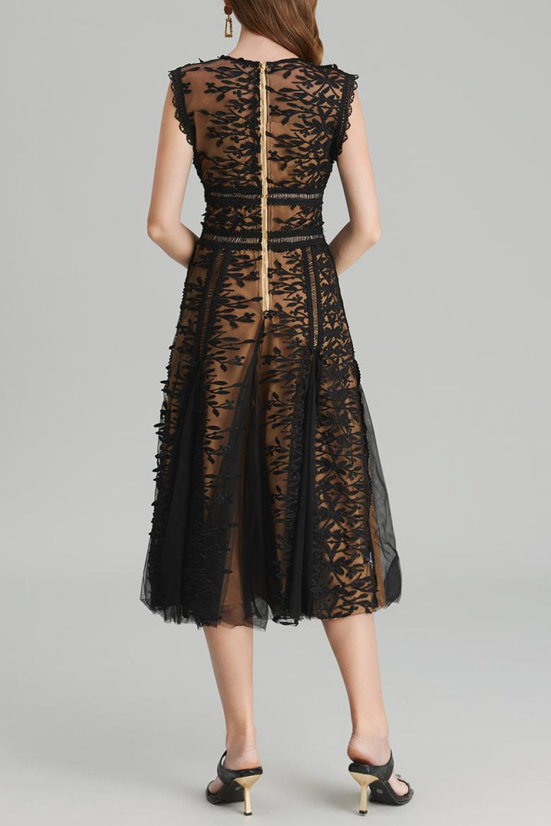 PHOENIX 3D LACE MIDI DRESS BLACK EMBROIDERED