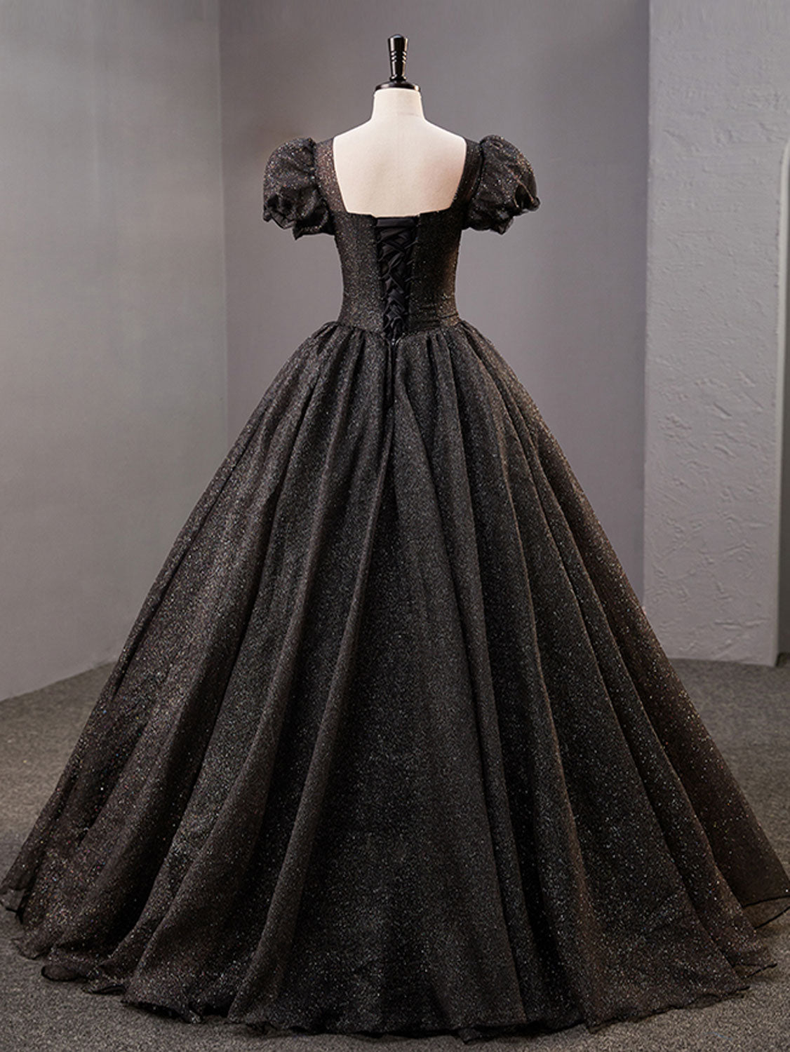 SHINY BLACK SQUARE NECK TULLE PROM GOWN