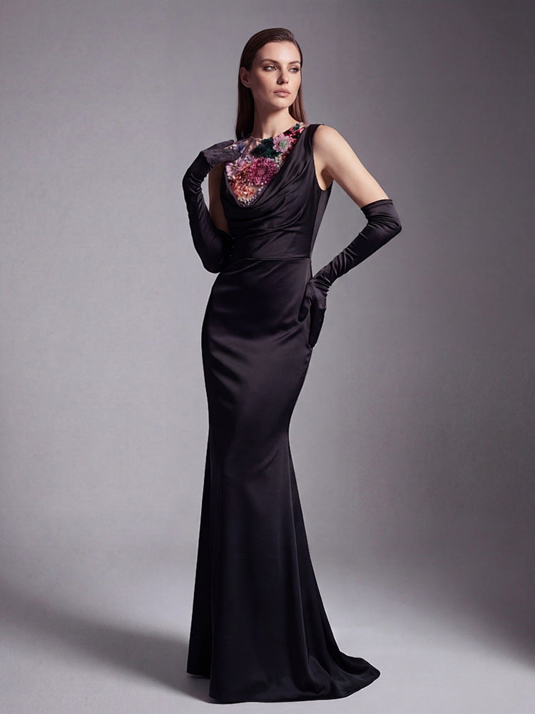 ANILA BLACK FLORAL EMBROIDERY JERSEY MAXI DRESS