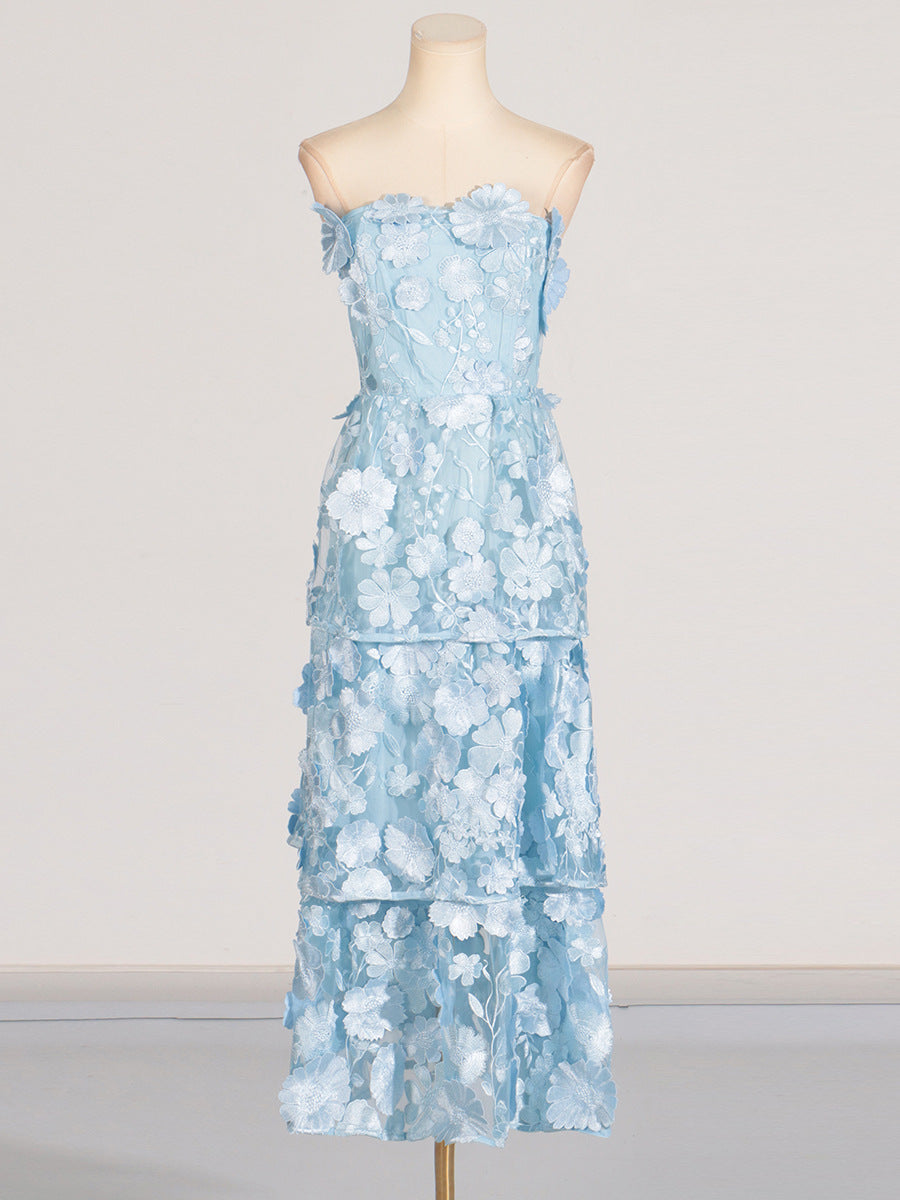 SELENE 3D FLOWER TIERED MAXI DRESS BLUE