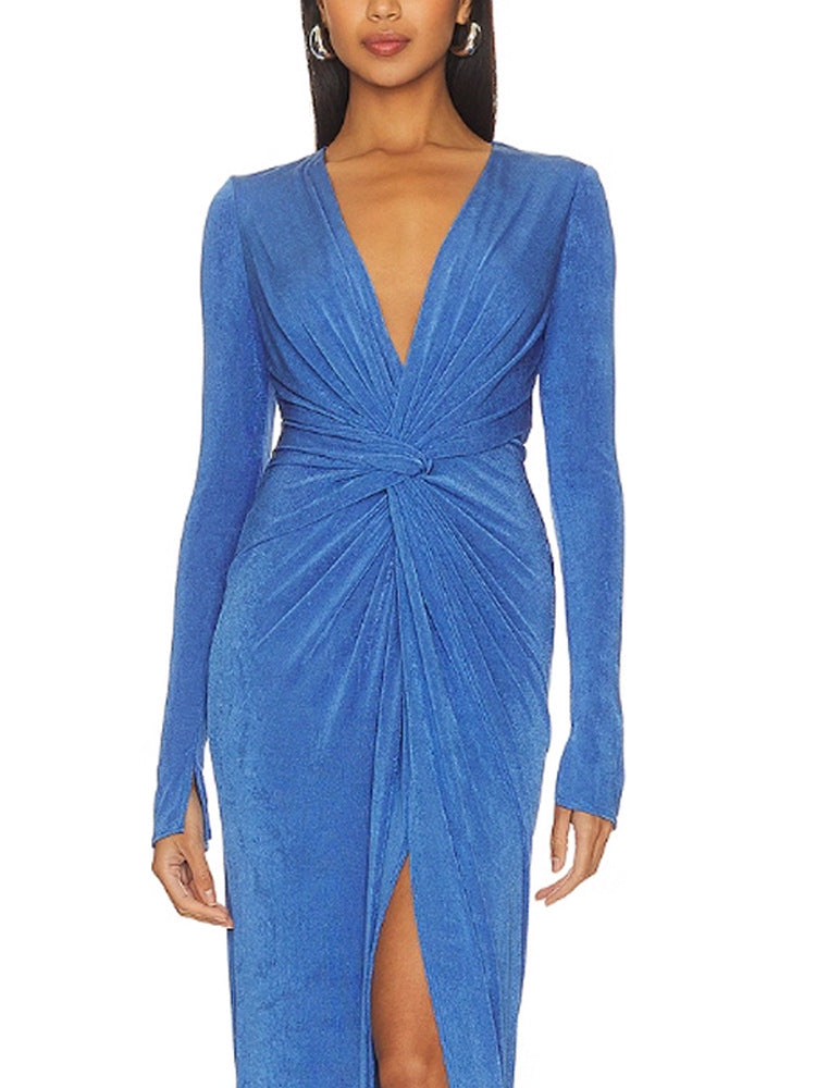 VIRGINIA BLUE PLEATED HIGH SLIT MAXI DRESS