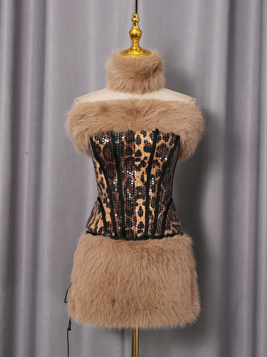 SEXY LEOPARD FUR SEQUIN SKIRT SET FOR PARTY