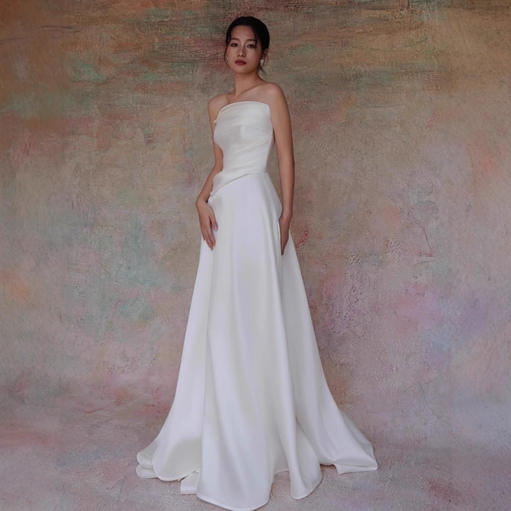 LYDIA WHITE SATIN STRAPLESS MAXI TRAIN WELCOME GOWN