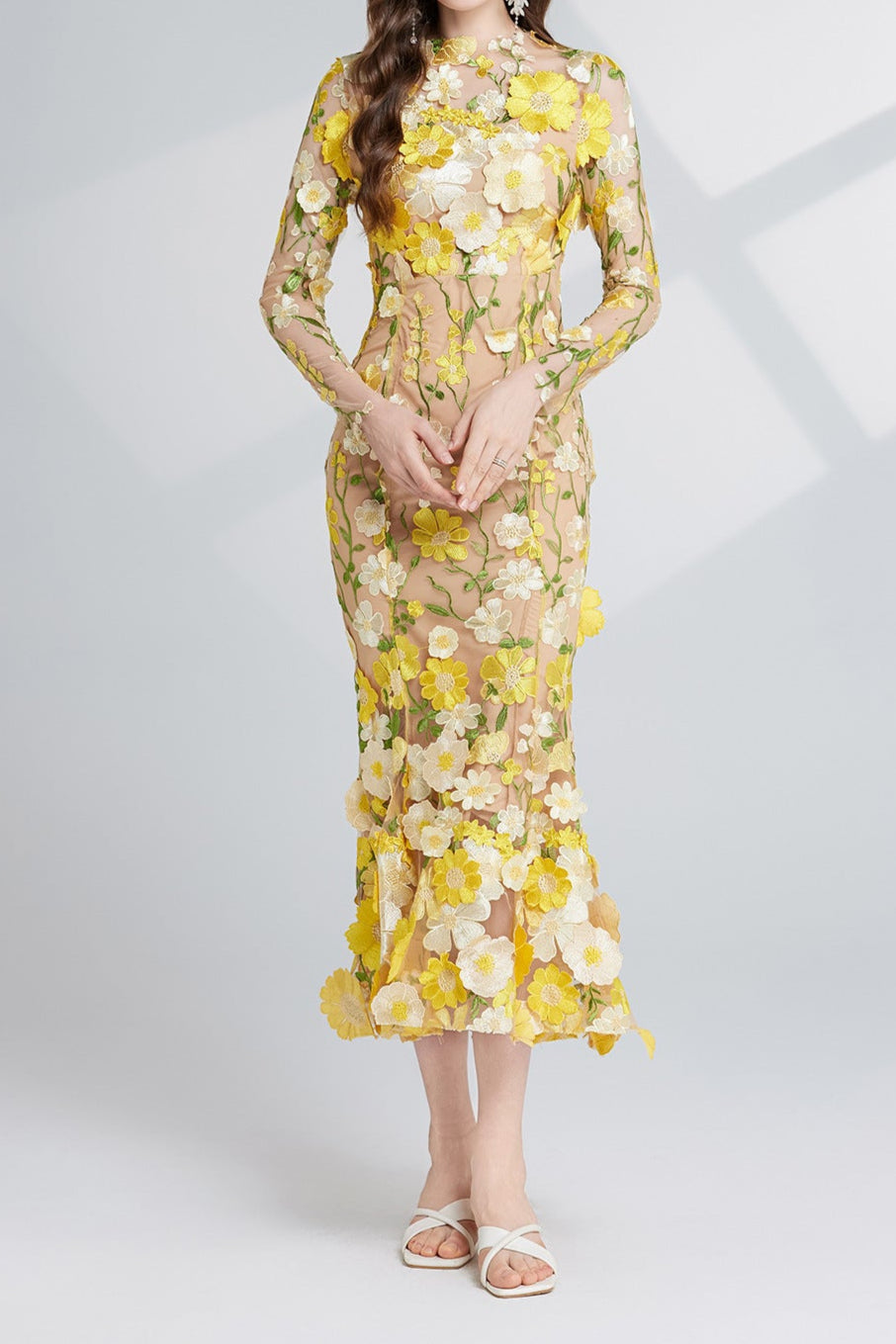 CAROL YELLOW FLORAL EMBROIDERY LONG SLEEVE MIDI DRESS