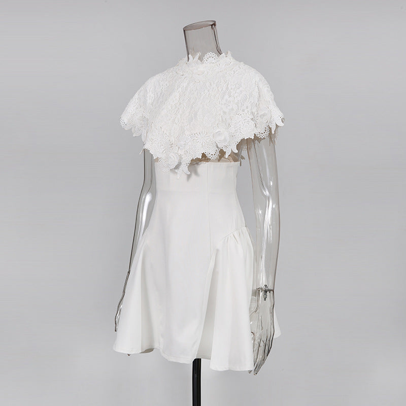 VANESSA WHITE LACE CAPE MINI DRESS FOR WEDDING