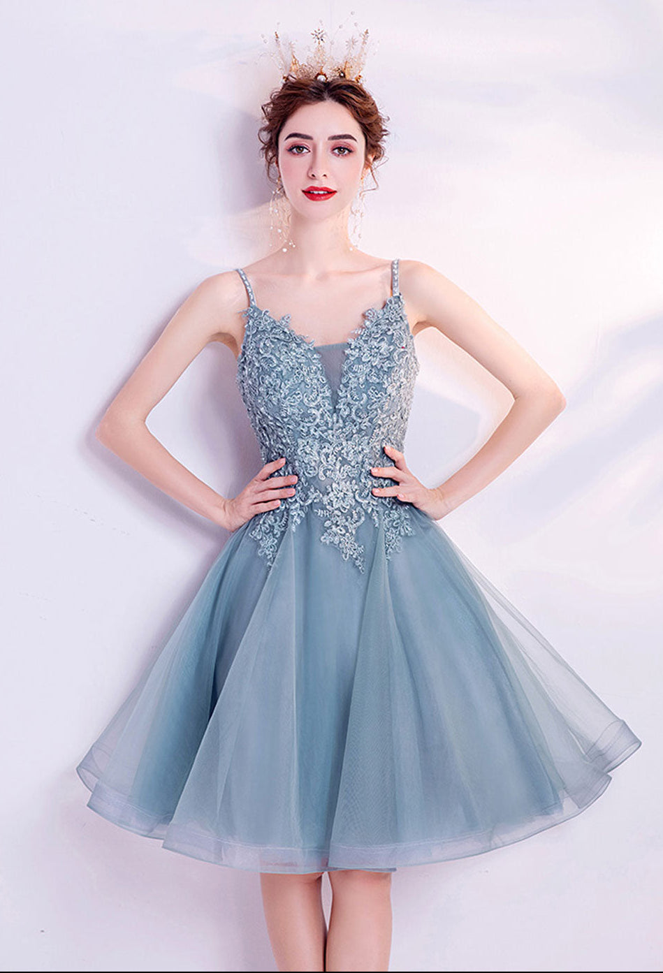 GRAY BLUE SEQUIN MIDI PROM DRESS