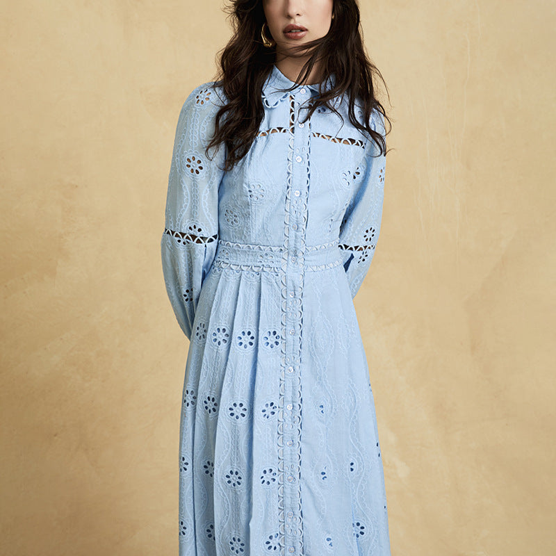 RETRO LACE MIDI DRESS, BLUE, SINGLE-BREASTED HOLLOW