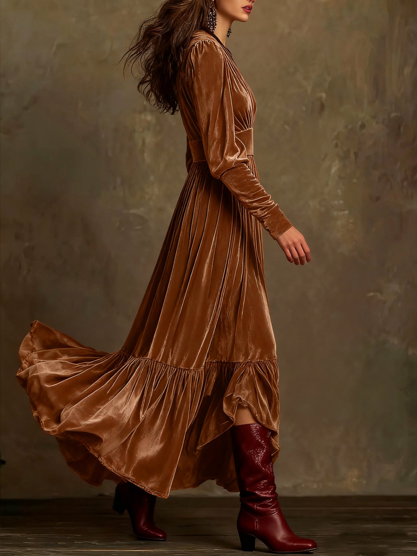 RETRO V-NECK VELVET RUFFLE SWING DRESS
