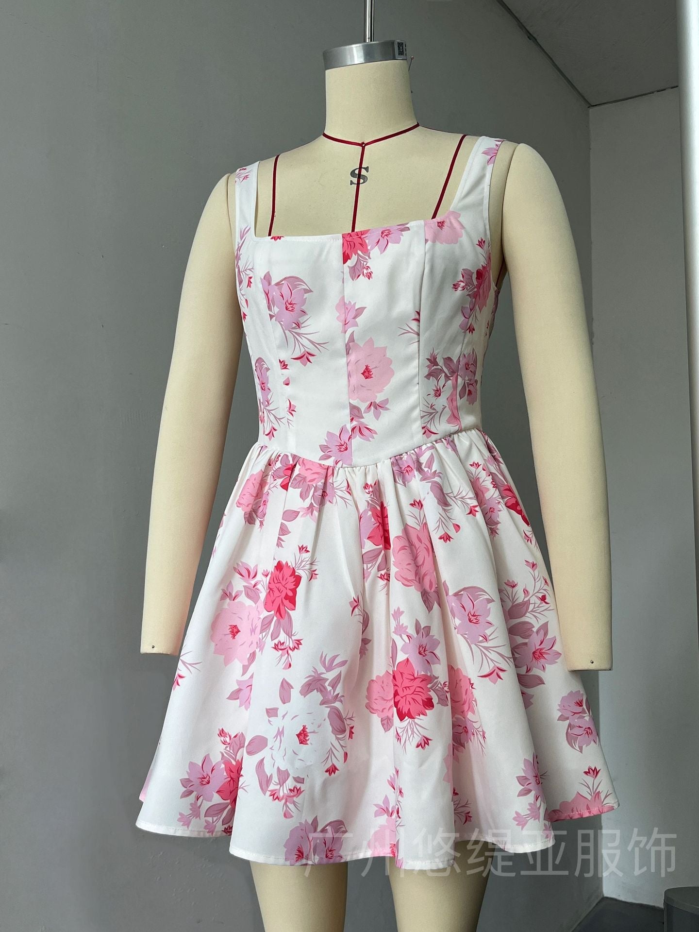 RETALE PINK FLORAL FLARED MINI DRESS FOR PARTY
