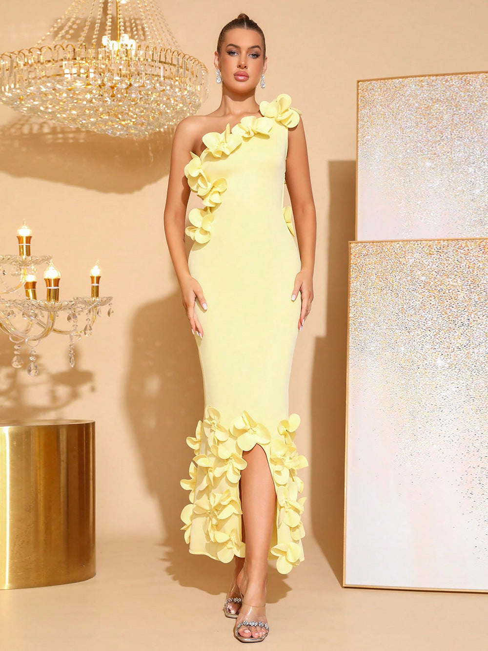 YELLOW ALMA 3D FLOWER ONE-SHOULDER BODYCON MAXI DRESS