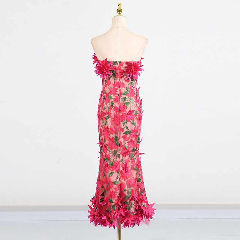 3D FLOWER EMBROIDERY STRAPLESS ROSE RED MIDI DRESS