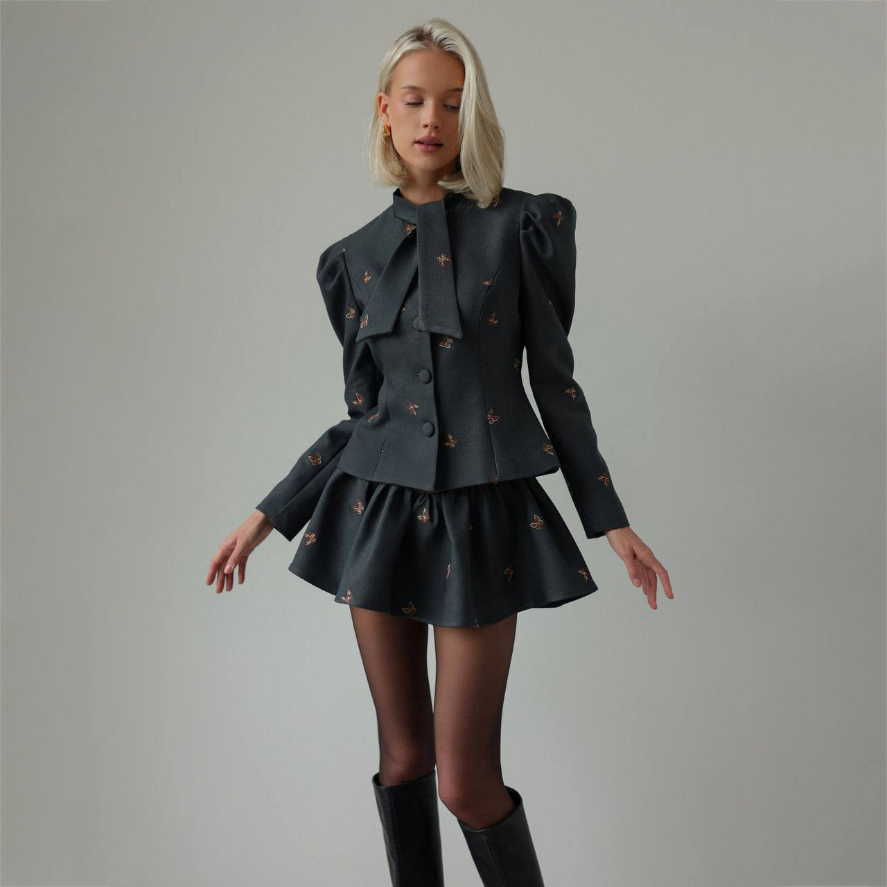 ADORA GREY BUTTERFLY BLAZER MINI SKIRT SET