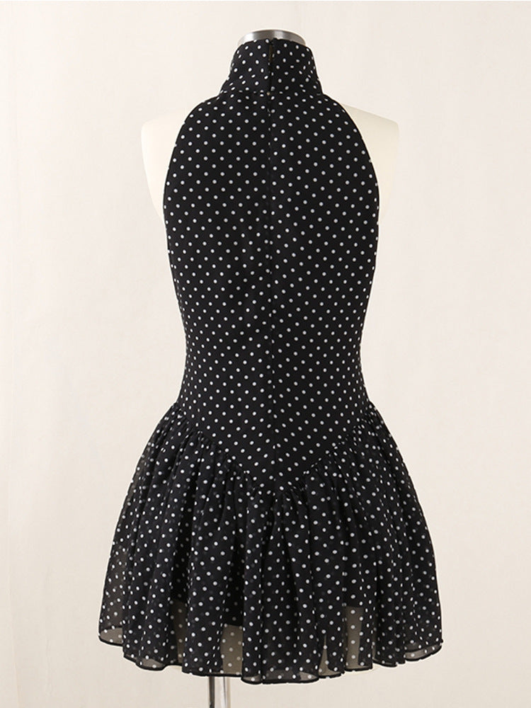 BLACK POLKA SILK CHIFFON HALTER MINI DRESS