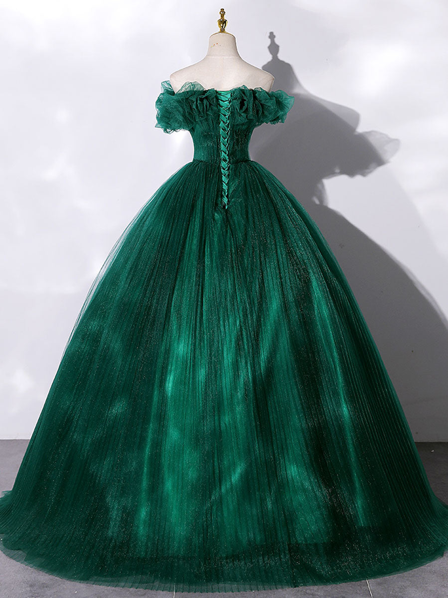 GREEN TULLE OFF-SHOULDER PROM GOWN